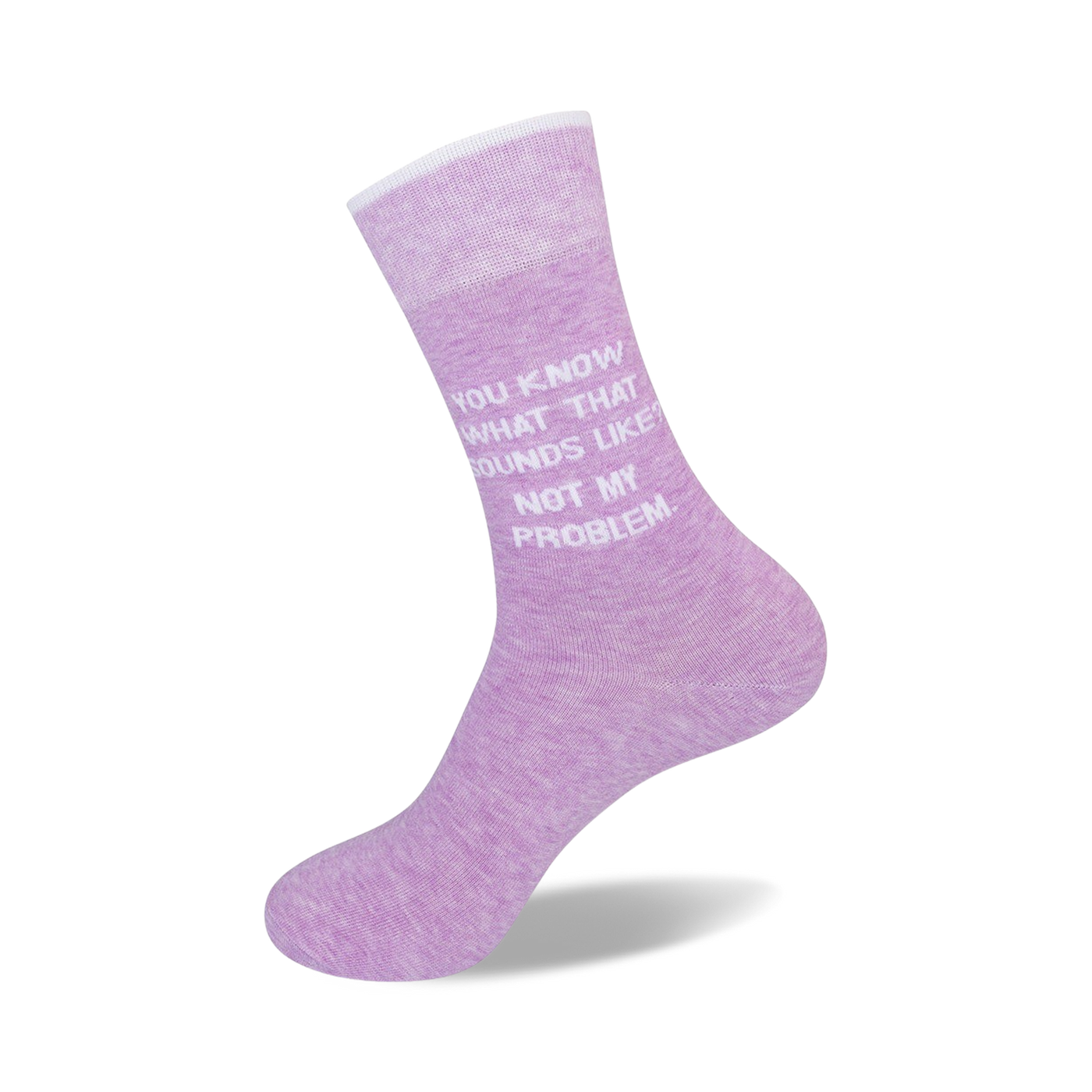 Flat lay product shot of a pair of lavender 'Not My Problem' crew socks.