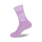 Flat lay product shot of a pair of lavender 'Not My Problem' crew socks.