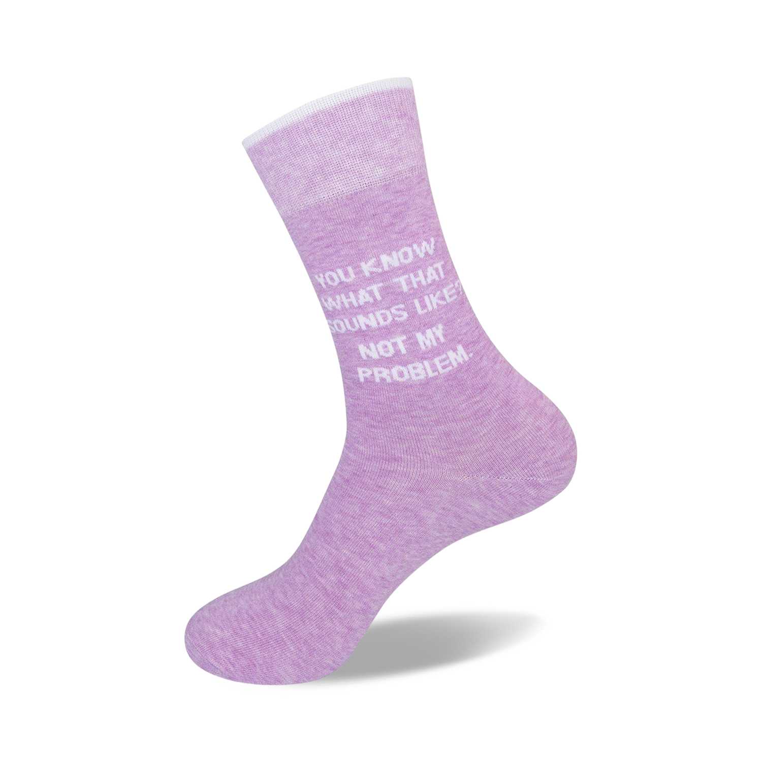Flat lay product shot of a pair of lavender 'Not My Problem' crew socks.