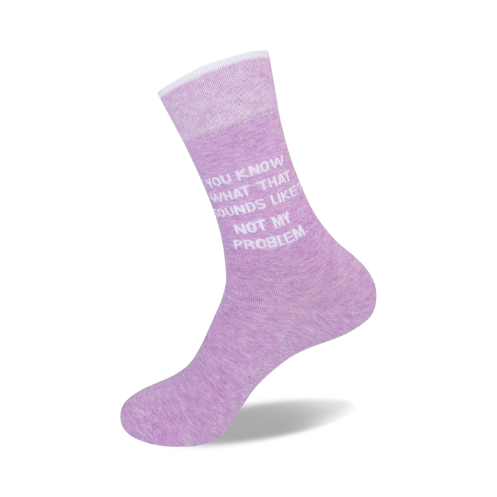 A pair of purple socks with white text that reads, 