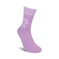 Close-up detail shot of the lavender 'Not My Problem' crew socks, highlighting the text.