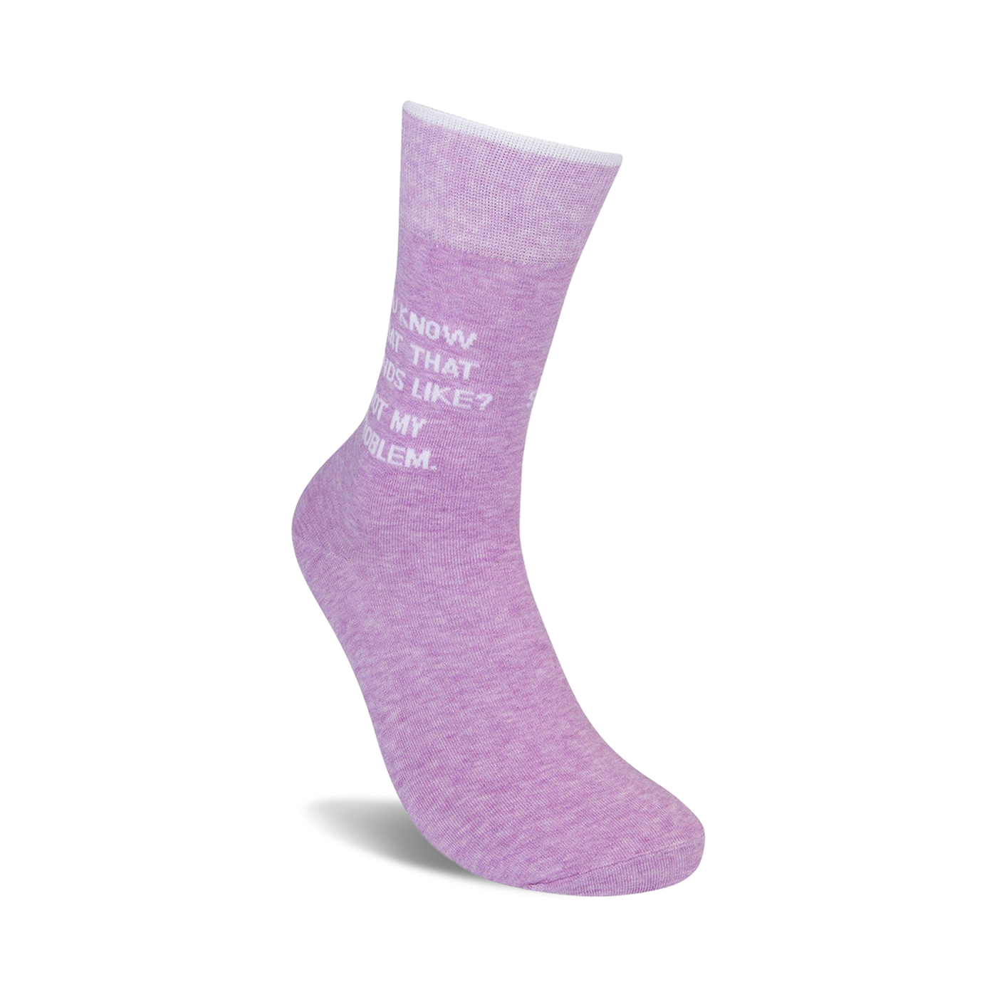 Close-up detail shot of the lavender 'Not My Problem' crew socks, highlighting the text.