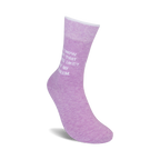 Close-up detail shot of the lavender 'Not My Problem' crew socks, highlighting the text.