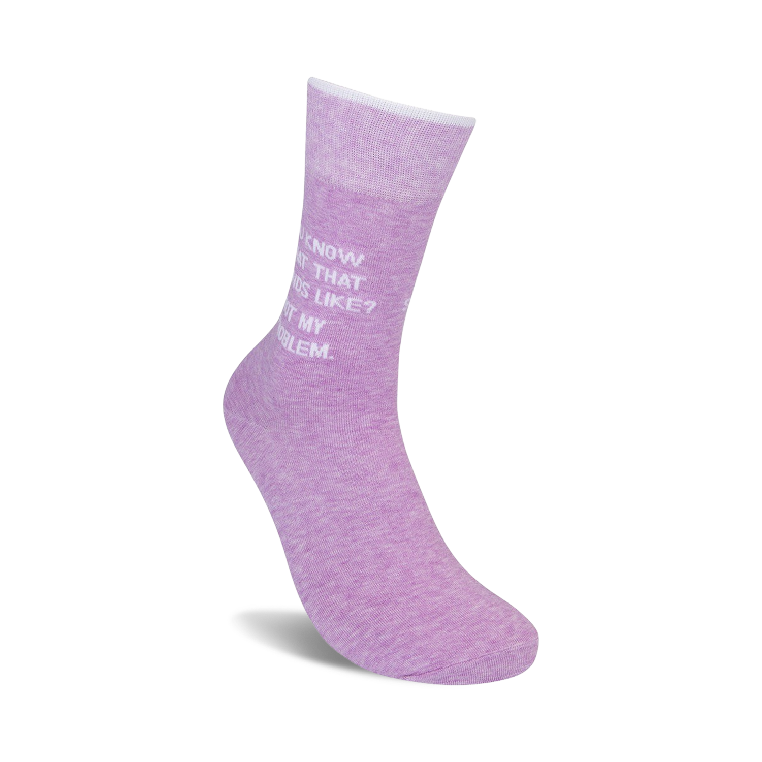 Close-up detail shot of the lavender 'Not My Problem' crew socks, highlighting the text.