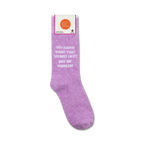 Product shot showing the lavender 'Not My Problem' socks in their packaging.