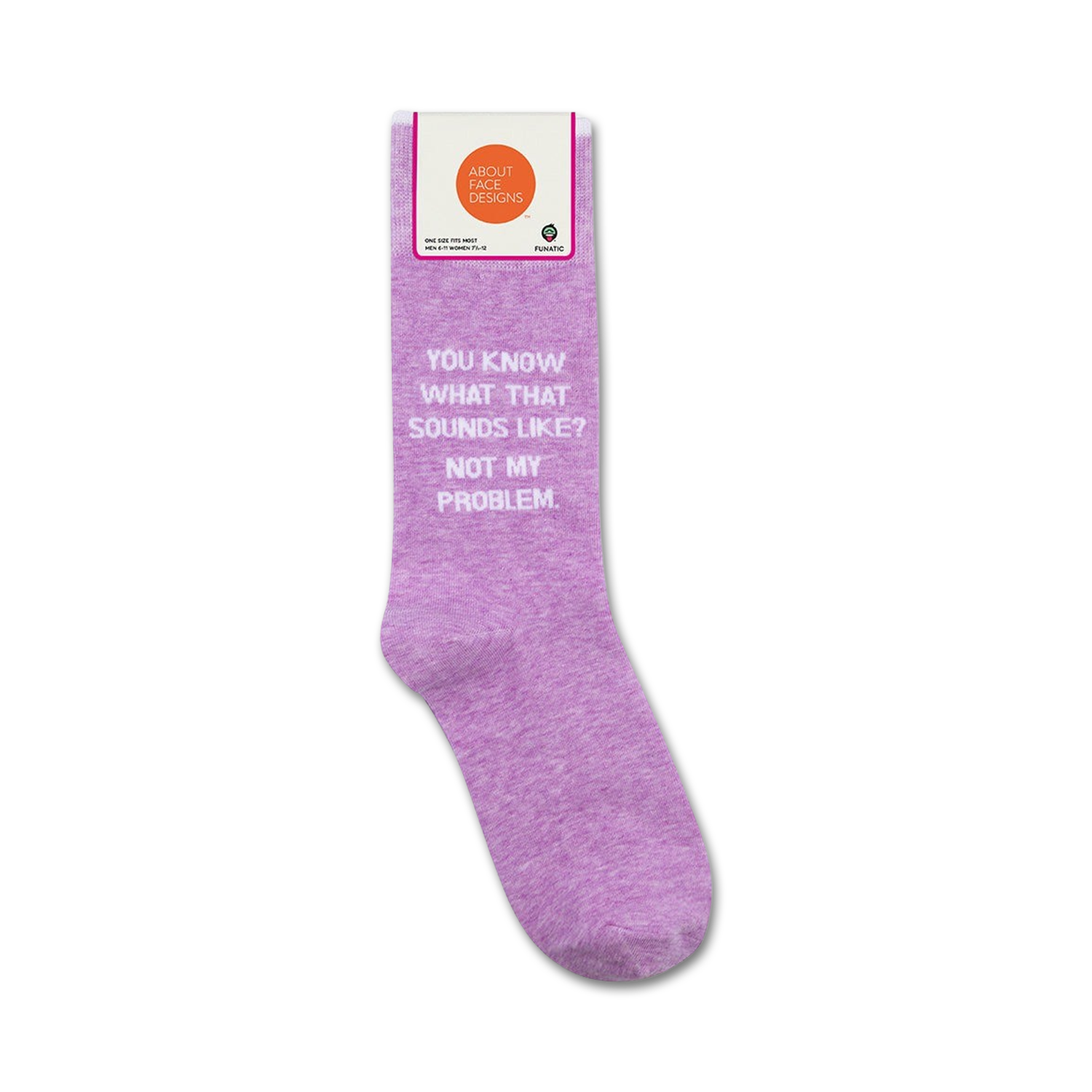 Product shot showing the lavender 'Not My Problem' socks in their packaging.