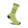 Lime green crew socks with dark green stripes at the top and a dark green graphic of a dog and paw prints.