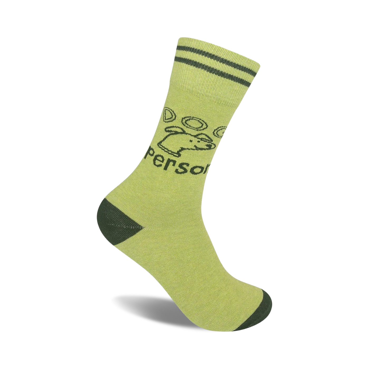 Lime green crew socks with dark green stripes at the top and a dark green graphic of a dog and paw prints.