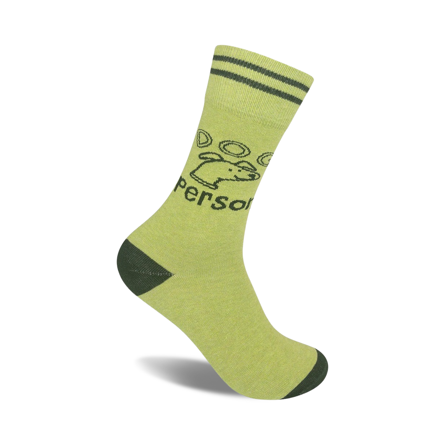 Lime green crew socks with dark green stripes at the top and a dark green graphic of a dog and paw prints.
