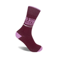 Burgundy crew socks with a lilac design. Text reads, "Well, butter my buns and call me a biscuit." A small lilac whisk graphic is included.