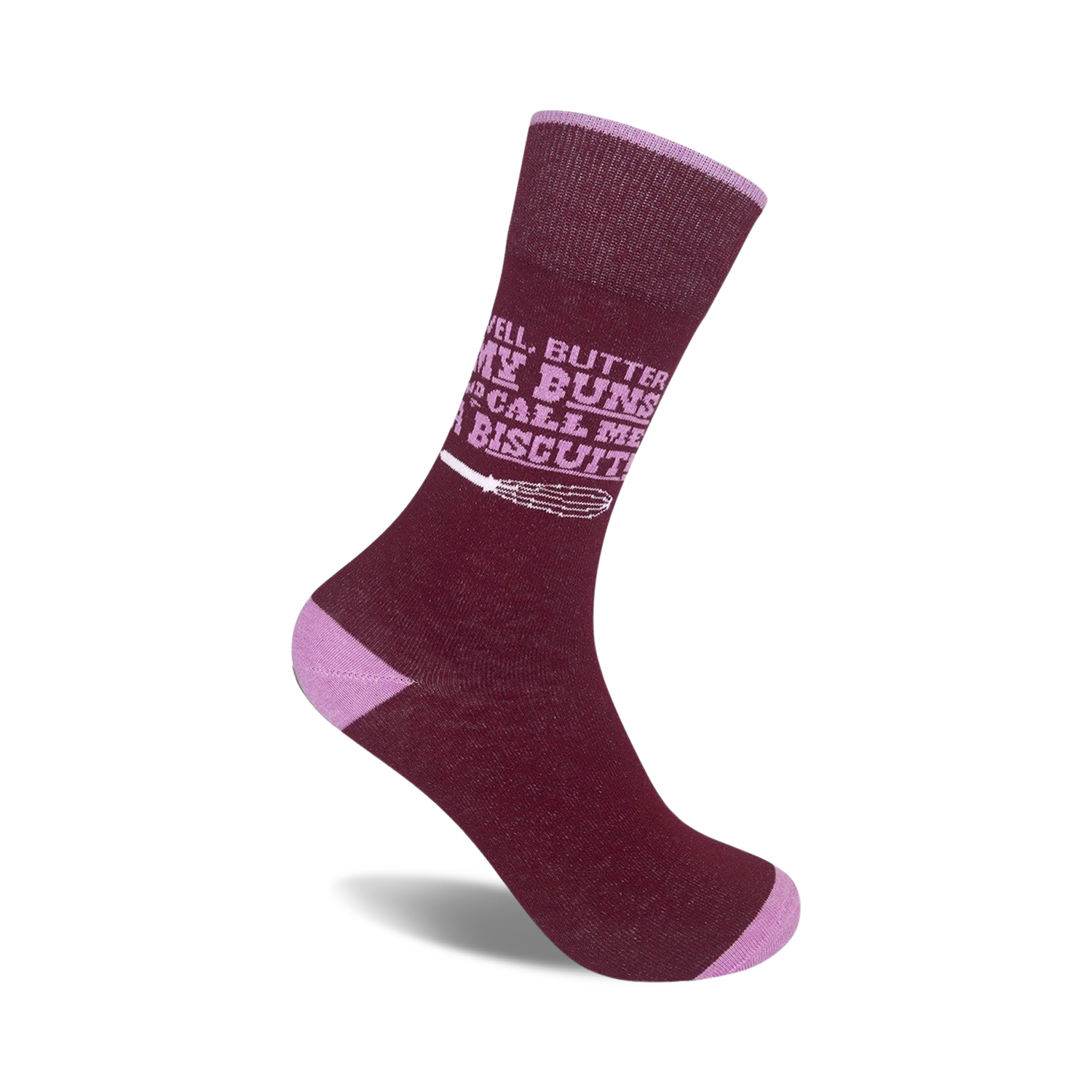 Burgundy crew socks with a lilac design. Text reads, "Well, butter my buns and call me a biscuit." A small lilac whisk graphic is included.
