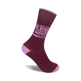 colorful, novelty crew socks with the phrase "well, butter my buns and call me a biscuit".   
