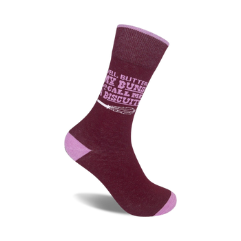 colorful, novelty crew socks with the phrase "well, butter my buns and call me a biscuit".   