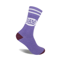 Periwinkle purple crew socks with maroon heels and toes.  Features white stripes at the top and a speech bubble graphic saying "Alexa, clean the kitchen."