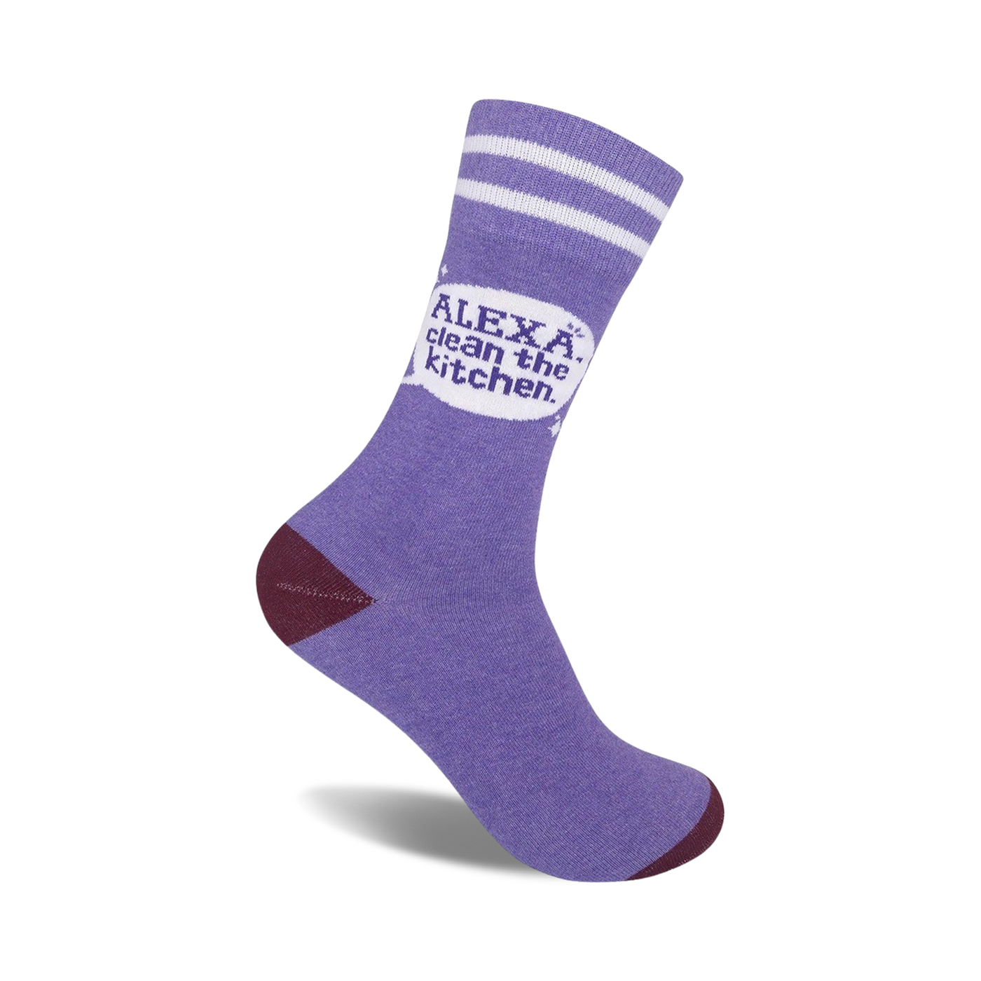 Periwinkle purple crew socks with maroon heels and toes.  Features white stripes at the top and a speech bubble graphic saying "Alexa, clean the kitchen."