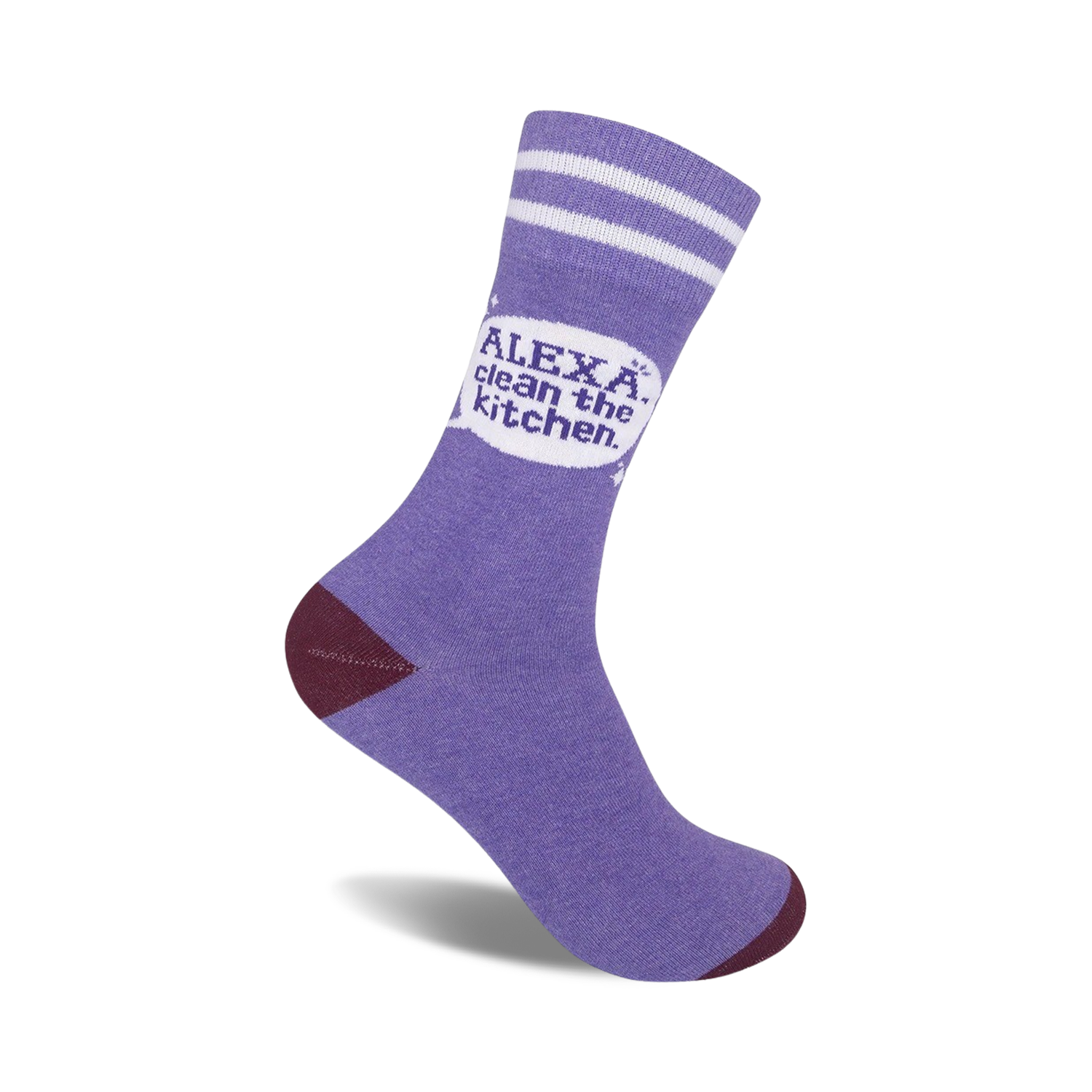 Periwinkle purple crew socks with maroon heels and toes.  Features white stripes at the top and a speech bubble graphic saying "Alexa, clean the kitchen."