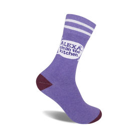 alexa, clean the kitchen: women's crew socks with "alexa, clean the kitchen" in a speech bubble on a purple background. 