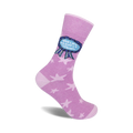Lavender crew socks with a blue 'World's Okayest Mom' award ribbon design and a subtle pattern of white stars.