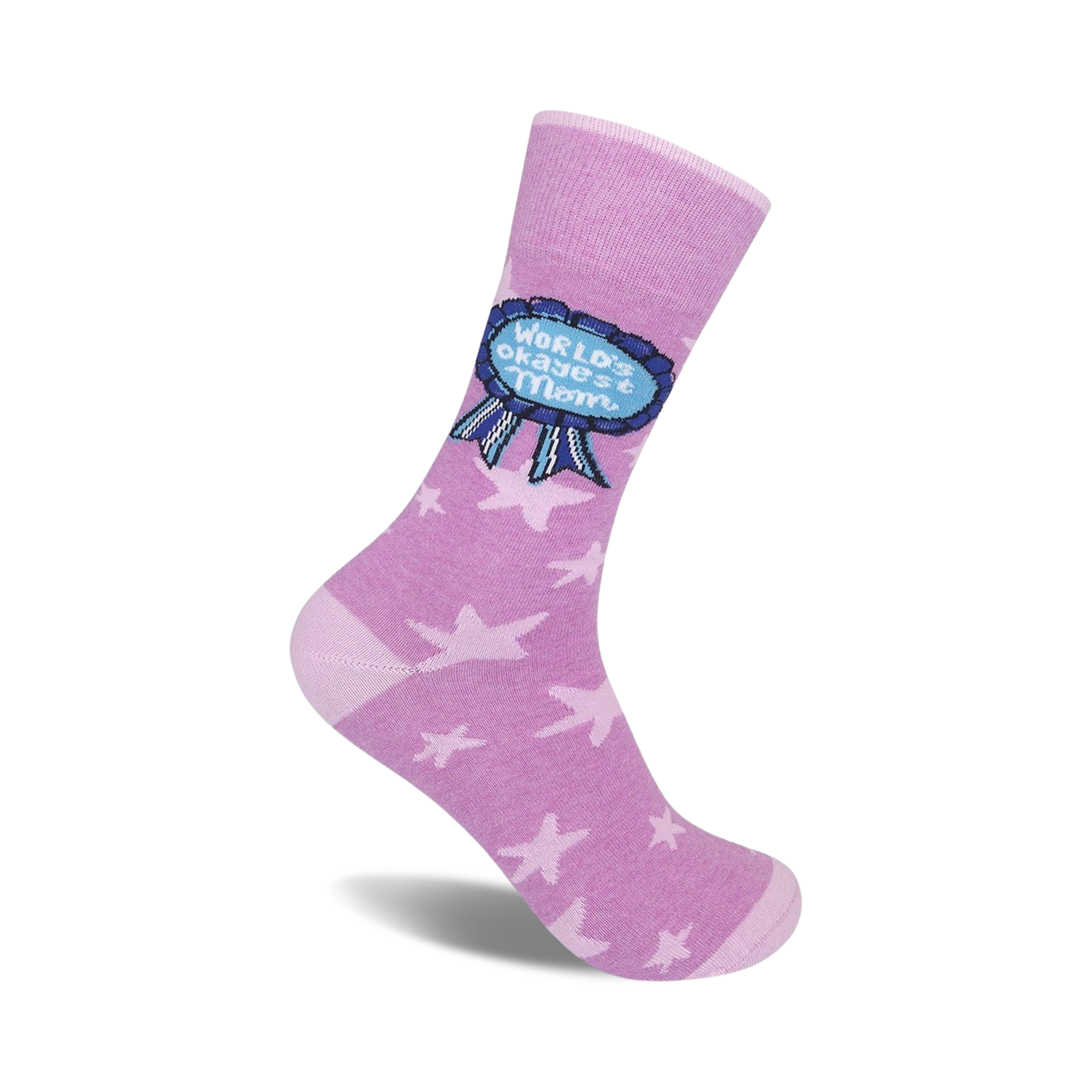 Lavender crew socks with a blue 'World's Okayest Mom' award ribbon design and a subtle pattern of white stars.