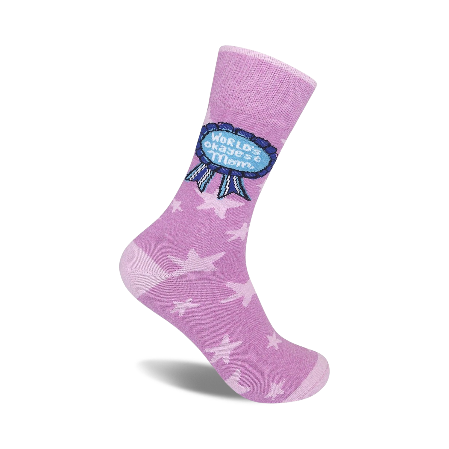 Lavender crew socks with a blue 'World's Okayest Mom' award ribbon design and a subtle pattern of white stars.