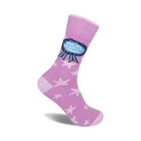 pink socks with white stars and a blue ribbon on one sock that says 'world's okayest mom.' crew length, made for women.  