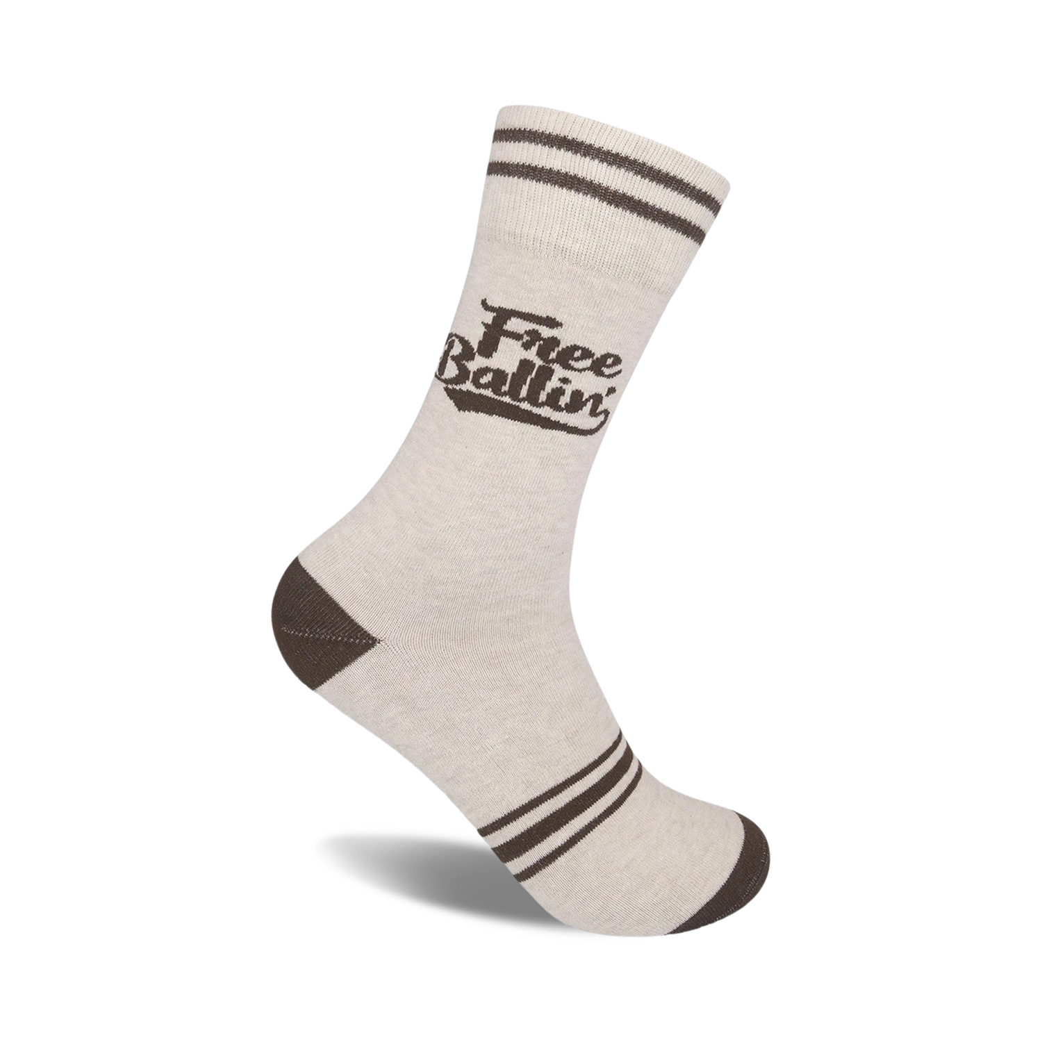 Off-white crew socks with brown stripes near the top and heel.  Features a brown 'Free Ballin'' logo.