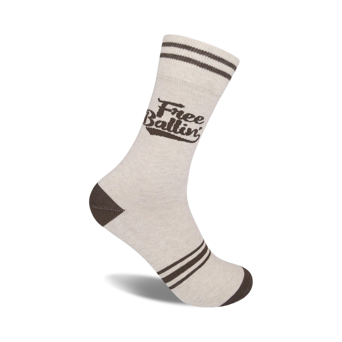 white crew socks with brown stripes and the words 