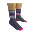Pair of 'Fuck Cancer' socks on a person's legs, showing the full design.