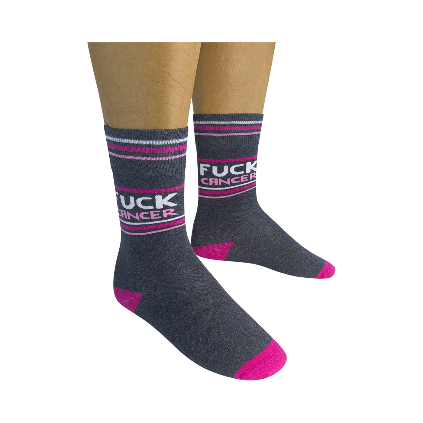 Pair of 'Fuck Cancer' socks on a person's legs, showing the full design.