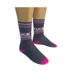 Pair of 'Fuck Cancer' socks on a person's legs, showing the full design.