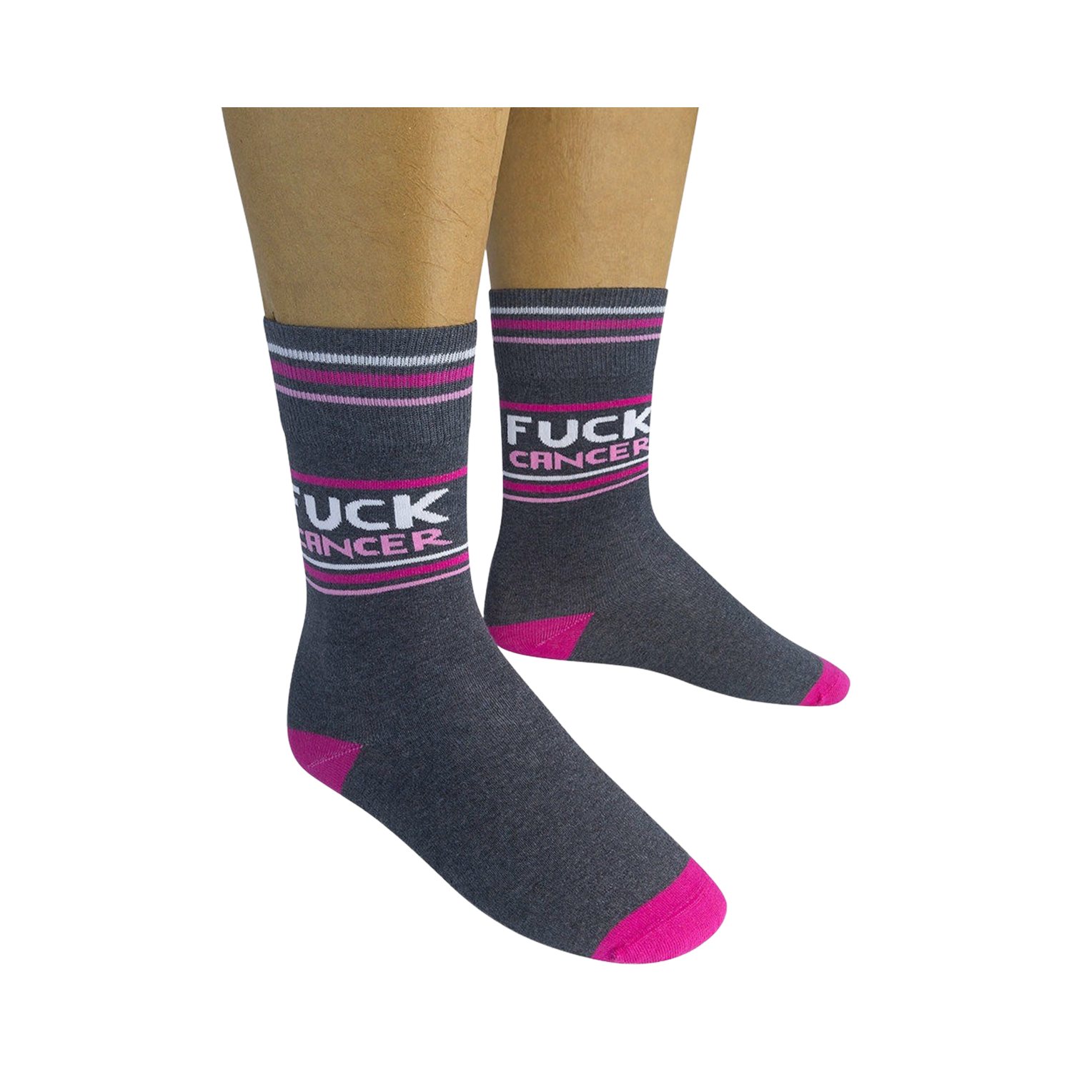 Pair of 'Fuck Cancer' socks on a person's legs, showing the full design.