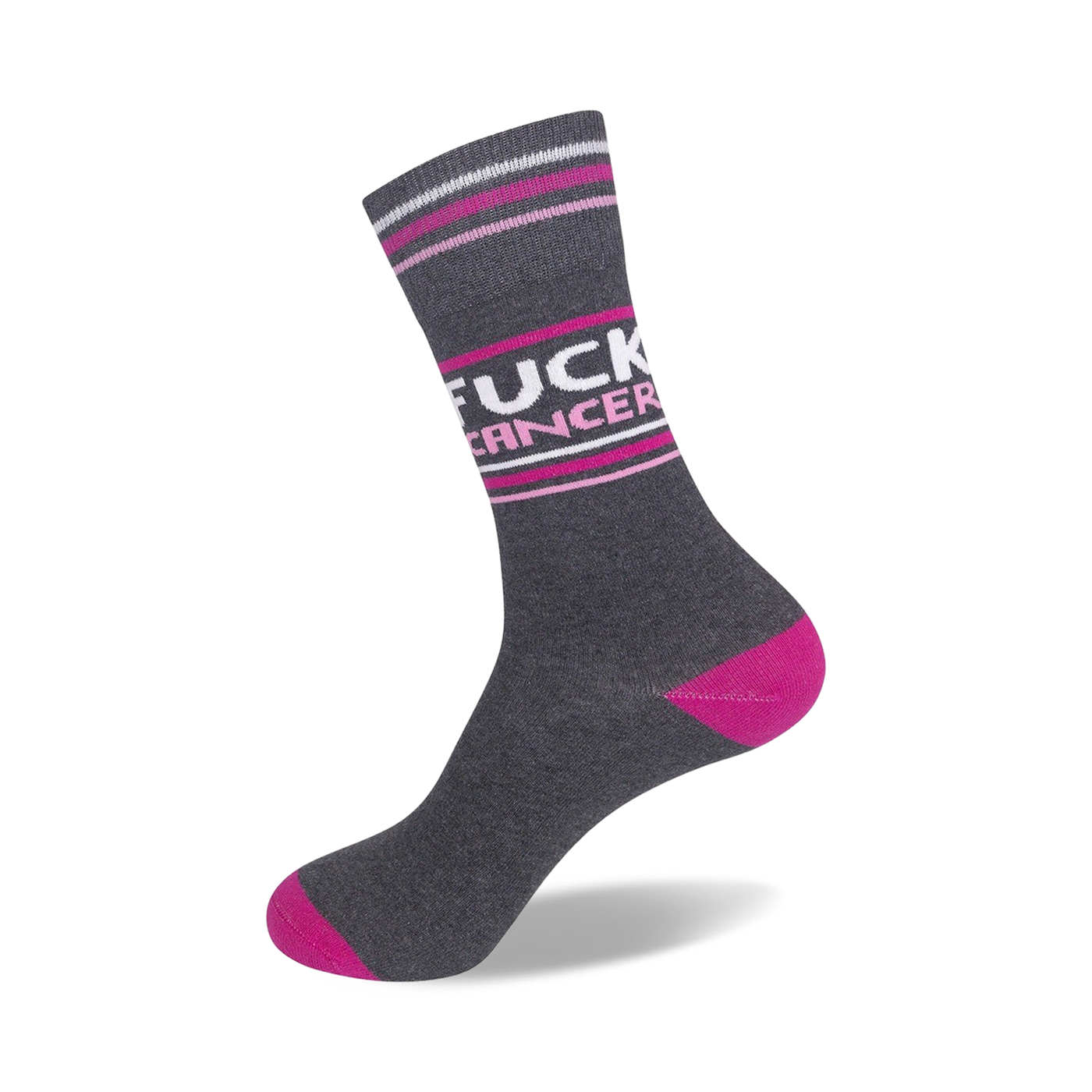 Close-up of the 'Fuck Cancer' socks lying flat, showcasing the details and colors.
