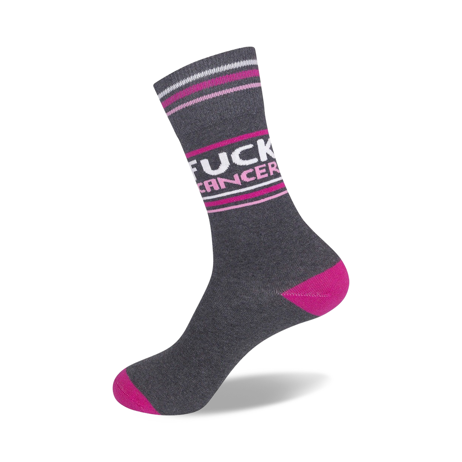 Close-up of the 'Fuck Cancer' socks lying flat, showcasing the details and colors.