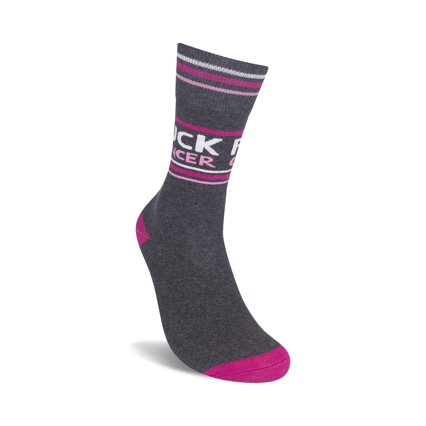 Another angle of a single 'Fuck Cancer' sock, highlighting the pink and white stripes.