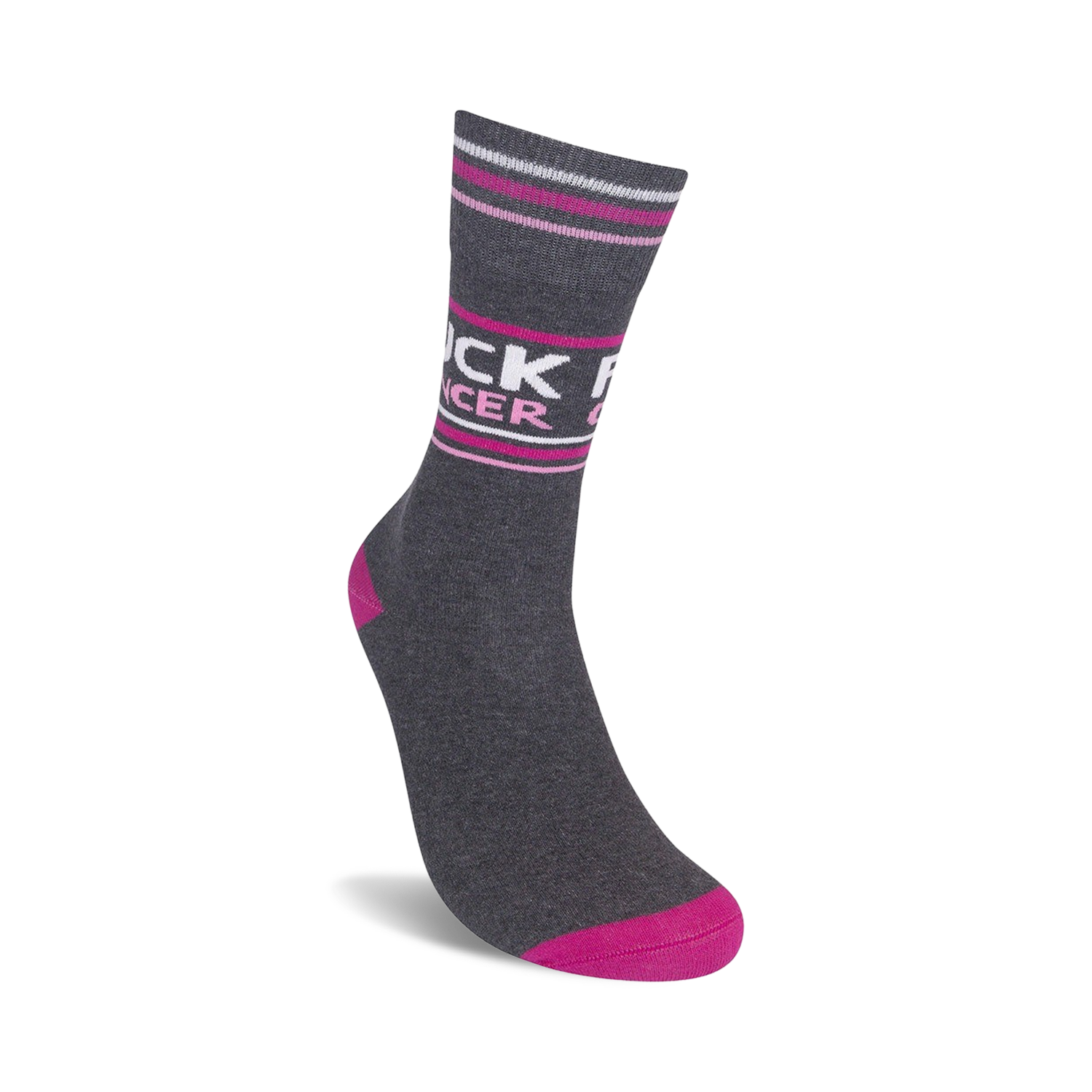 Another angle of a single 'Fuck Cancer' sock, highlighting the pink and white stripes.