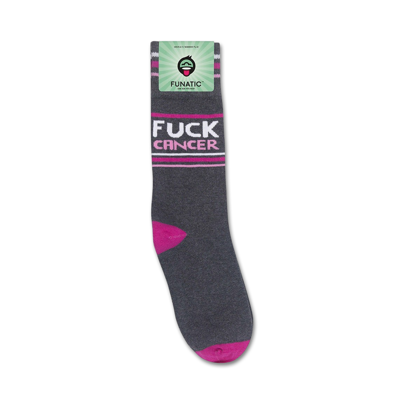 Product packaging shot of the 'Fuck Cancer' socks, showcasing the sock and the Funatic brand label.