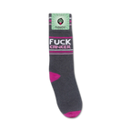 Product packaging shot of the 'Fuck Cancer' socks, showcasing the sock and the Funatic brand label.