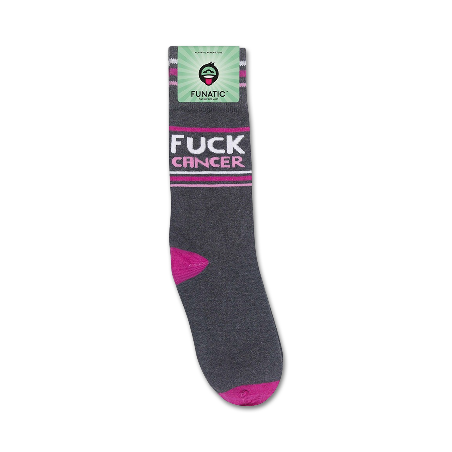Product packaging shot of the 'Fuck Cancer' socks, showcasing the sock and the Funatic brand label.