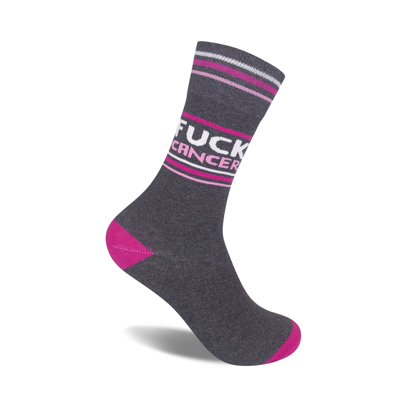 Charcoal gray crew socks with pink and white stripes and the phrase 'FUCK CANCER' in white lettering.  Pink accents at the heel and toe.