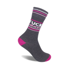 Charcoal gray crew socks with pink and white stripes and the phrase 'FUCK CANCER' in white lettering.  Pink accents at the heel and toe.