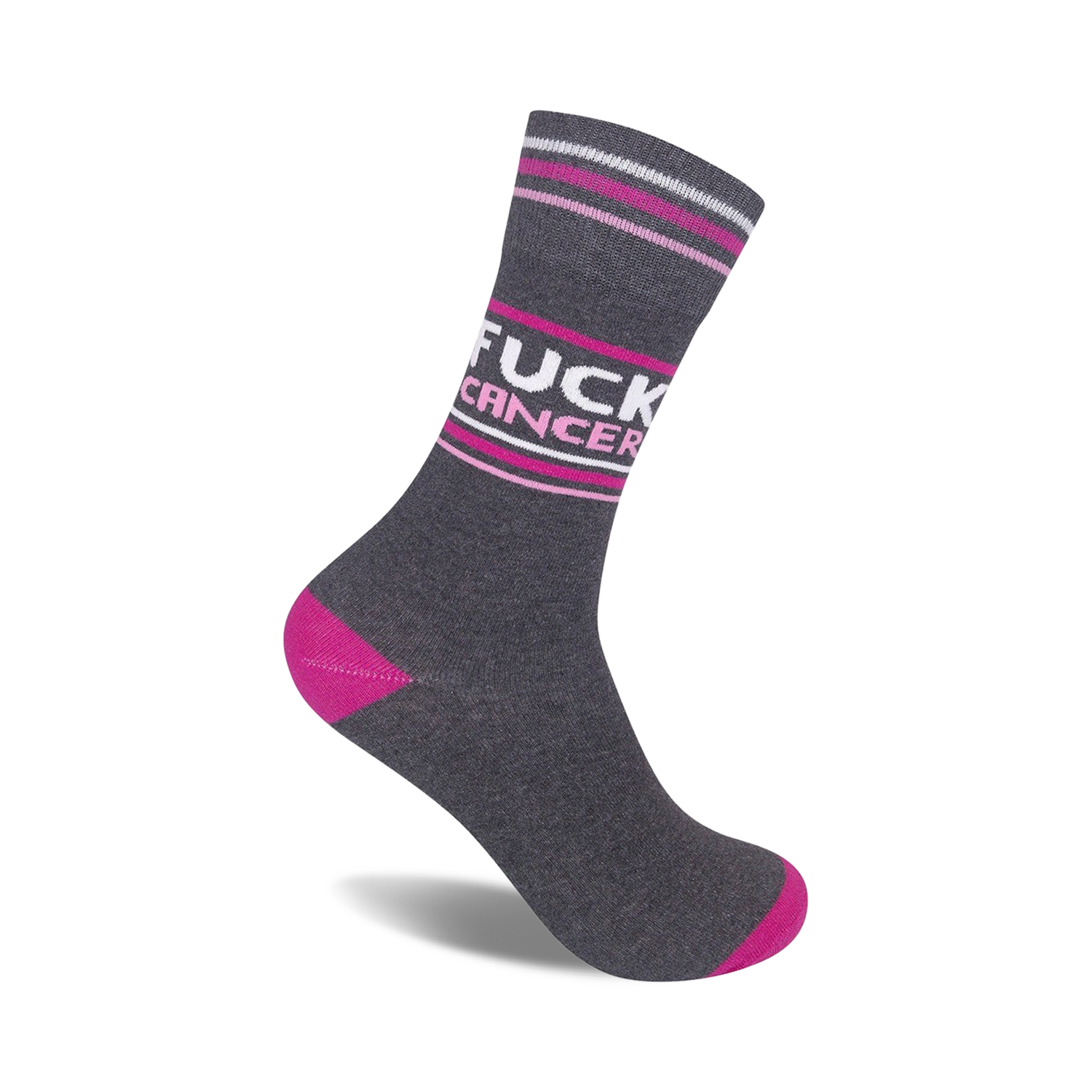 Charcoal gray crew socks with pink and white stripes and the phrase 'FUCK CANCER' in white lettering.  Pink accents at the heel and toe.