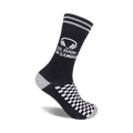 Black crew socks with white checkered pattern at the bottom and a graphic that says 'Go Away I'm Gaming' with a headset image.