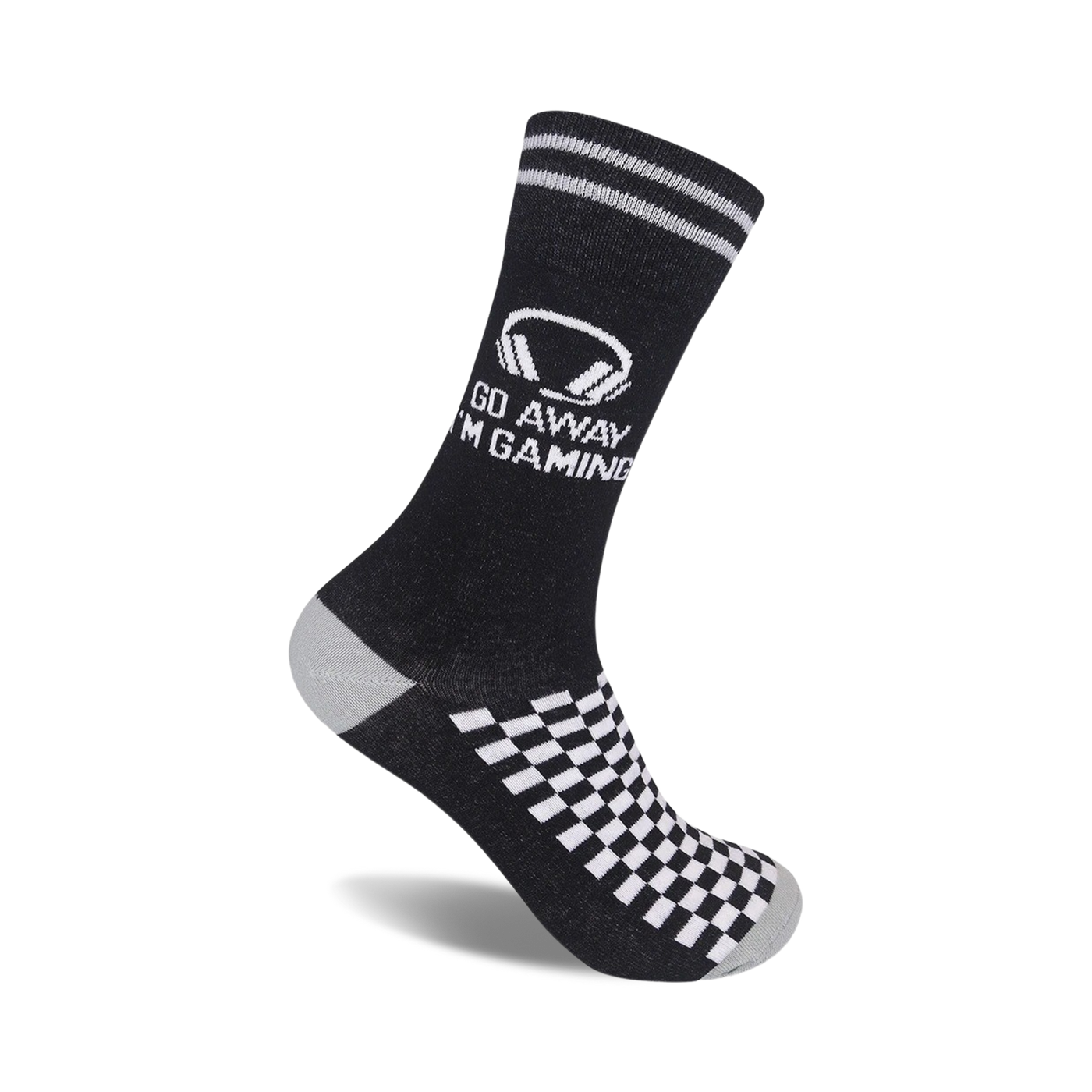 Black crew socks with white checkered pattern at the bottom and a graphic that says 'Go Away I'm Gaming' with a headset image.