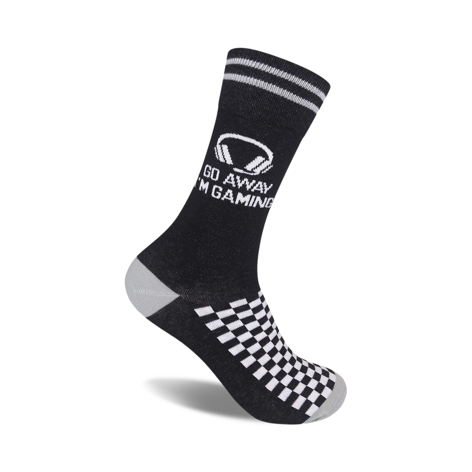 Black crew socks with white checkered pattern at the bottom and a graphic that says 'Go Away I'm Gaming' with a headset image.
