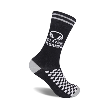 **go away i'm gaming socks alt text:**  black socks with white text reading 'go away i'm gaming' above a white and gray checkered pattern. for men and women.   