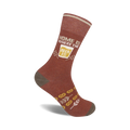 Rust-red crew socks with a beige 'Home is Where the Beer Is' graphic, beer glass image, pretzels, and wheat illustrations.