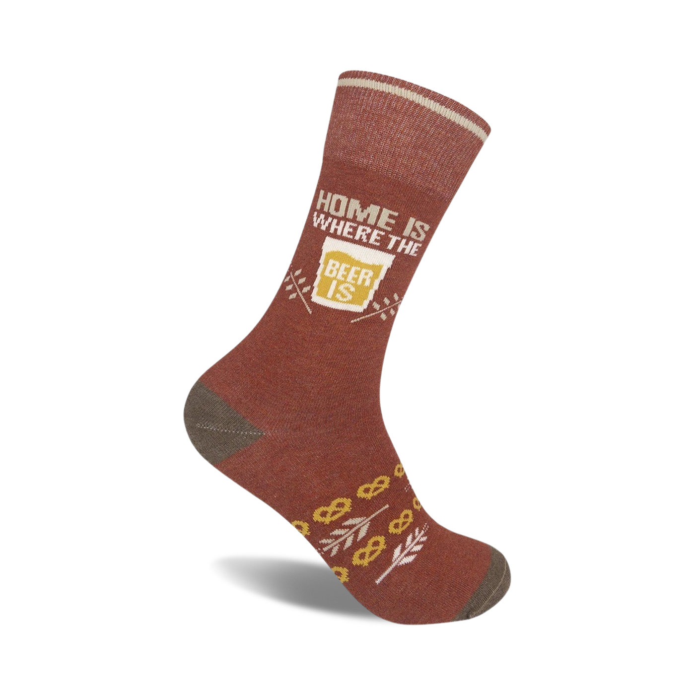 Rust-red crew socks with a beige 'Home is Where the Beer Is' graphic, beer glass image, pretzels, and wheat illustrations.