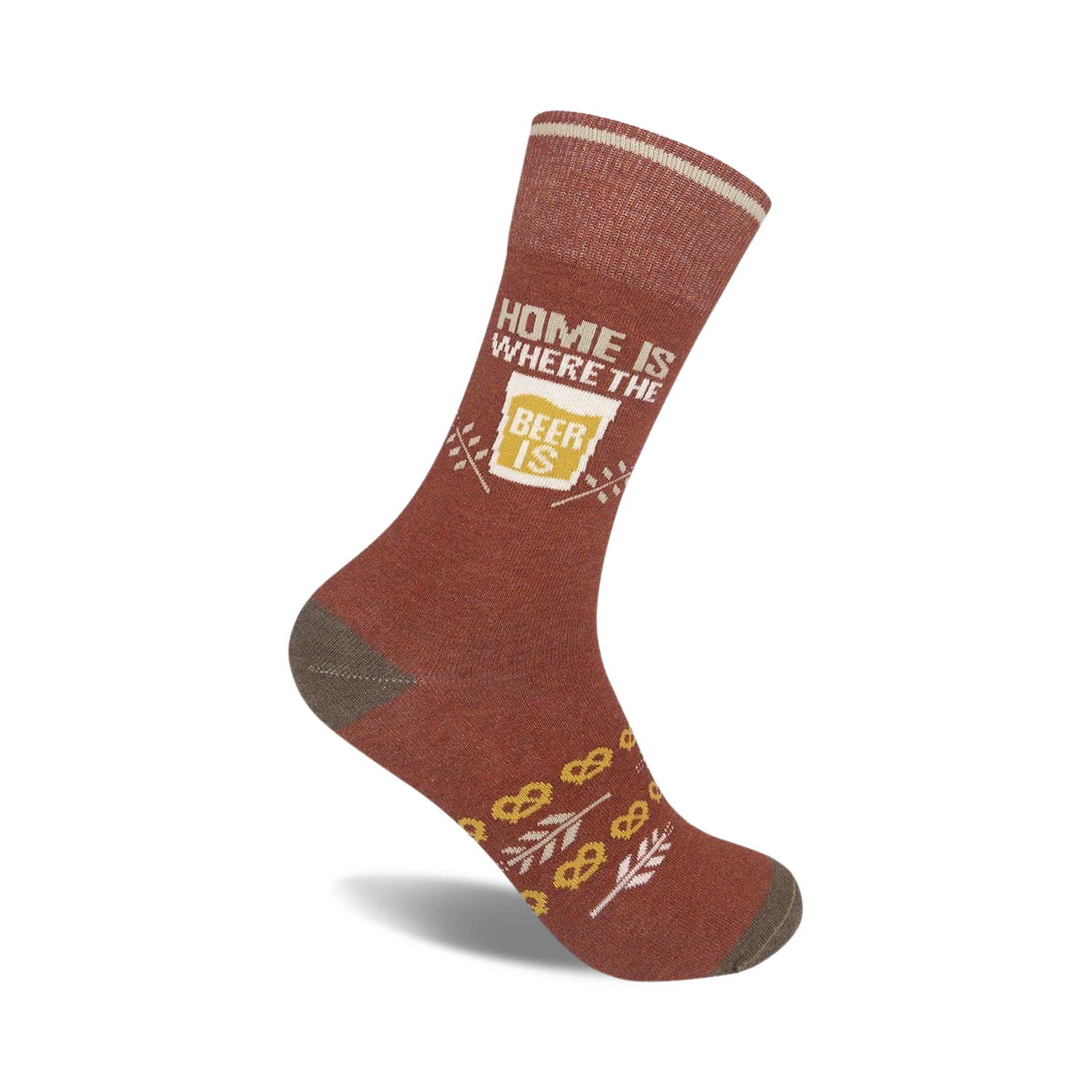 Rust-red crew socks with a beige 'Home is Where the Beer Is' graphic, beer glass image, pretzels, and wheat illustrations.