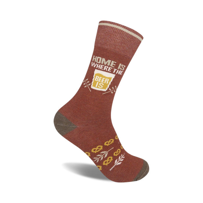brown crew socks with pretzel and wheat pattern, 'home is where the beer is' text, for men and women   }}