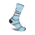 Crew socks in light blue with a black and white plaid pattern.  Text on the sock reads 'Yo! Karen Sit The Fuck Down'.